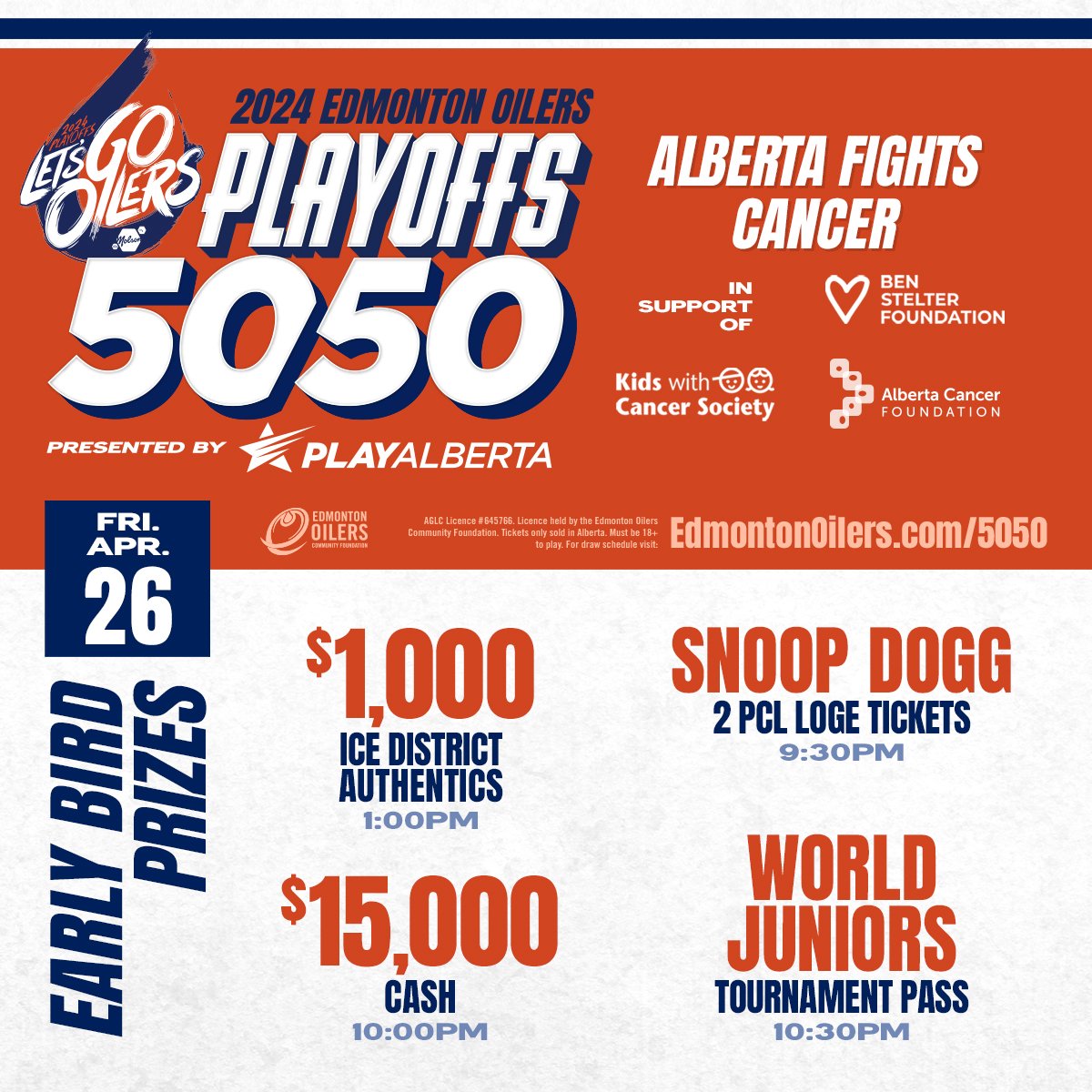 HERE WE GO AGAIN! 🙌 The first Playoffs 50/50 presented by @PlayAlbertaCA surpassed $5.5 million! Support for Alberta Fights Cancer continues & you could win $1,000 for @IceDistrictAuth, @SnoopDogg loge seats, $15,000 cash or a #WorldJuniors package! 🎟 EdmontonOilers.com/5050tw