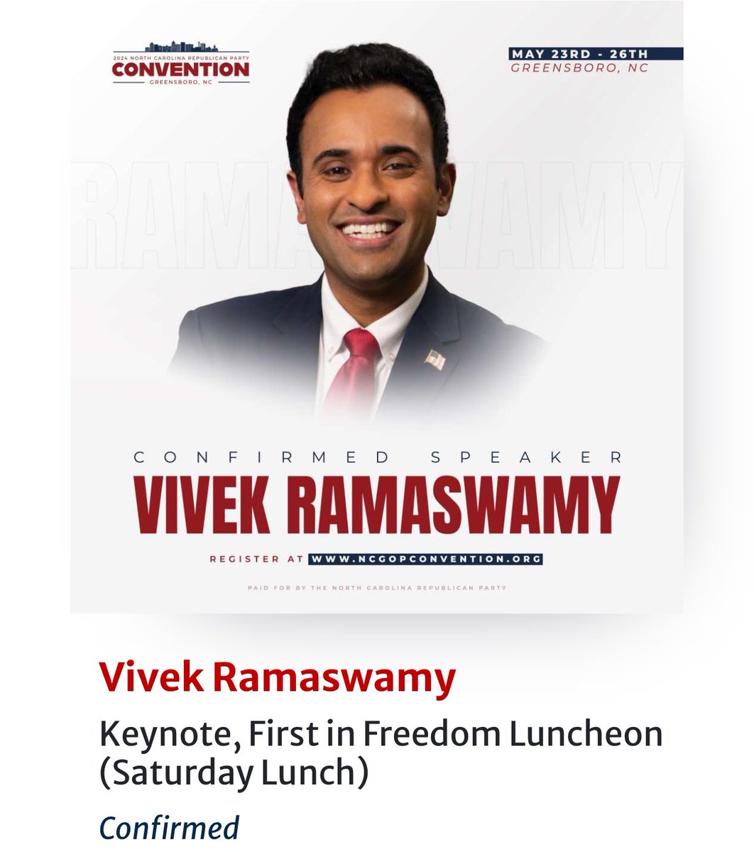 Who’s speaking at the NCGOP convention in Greensboro, NC? Kash Patel and @VivekGRamaswamy #ncpol