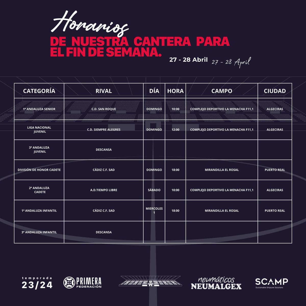 ⏰ Horarios de la cantera para el fin de semana.

#LaBase #thisisacf #crecemoscontigo #hechosparaganar