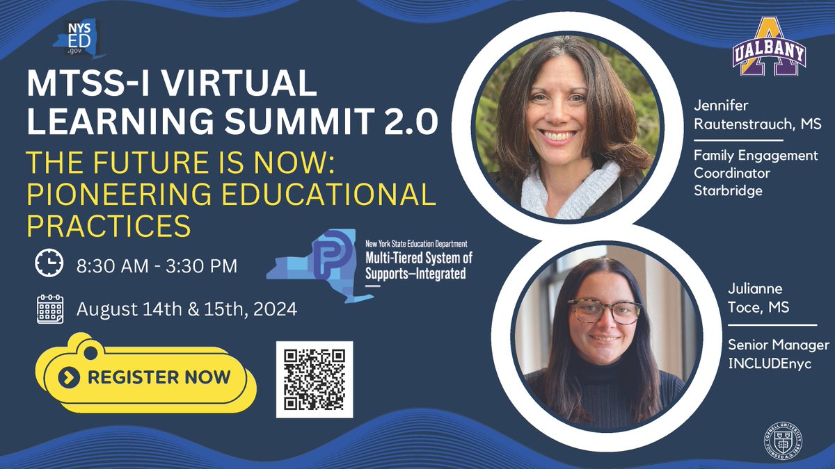 Join us for the MTSS-I Virtual Learning Summit 2.0 on August 14 & 15, 2024! NYSED Parent Training & Information Center partners Jennifer Rautenstrauch and Julianne Toce will lead sessions on family engagement practices. Register here: bit.ly/4am5RaF #MTSSI #EduPioneers