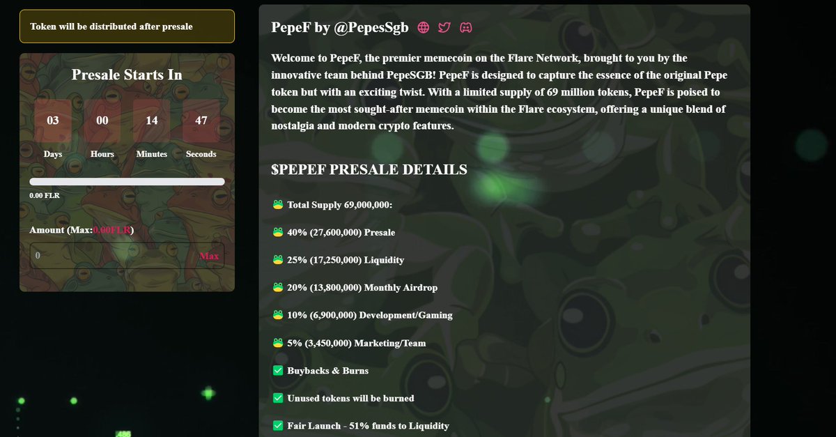 PepesSgb's tweet photo. 🚀 Exciting news!
🐸The countdown for the #Persale of #PEPEF begins - just 3 days 14 minutes until we're live!
⏲️Duration of Presale: 5 days
🎉 Check out our updated presale website, it's looking fantastic! Visit us at https://t.co/M1a834BWhl to learn more.
#FLR #Flare #sgb https://t.co/smPz6A6BND