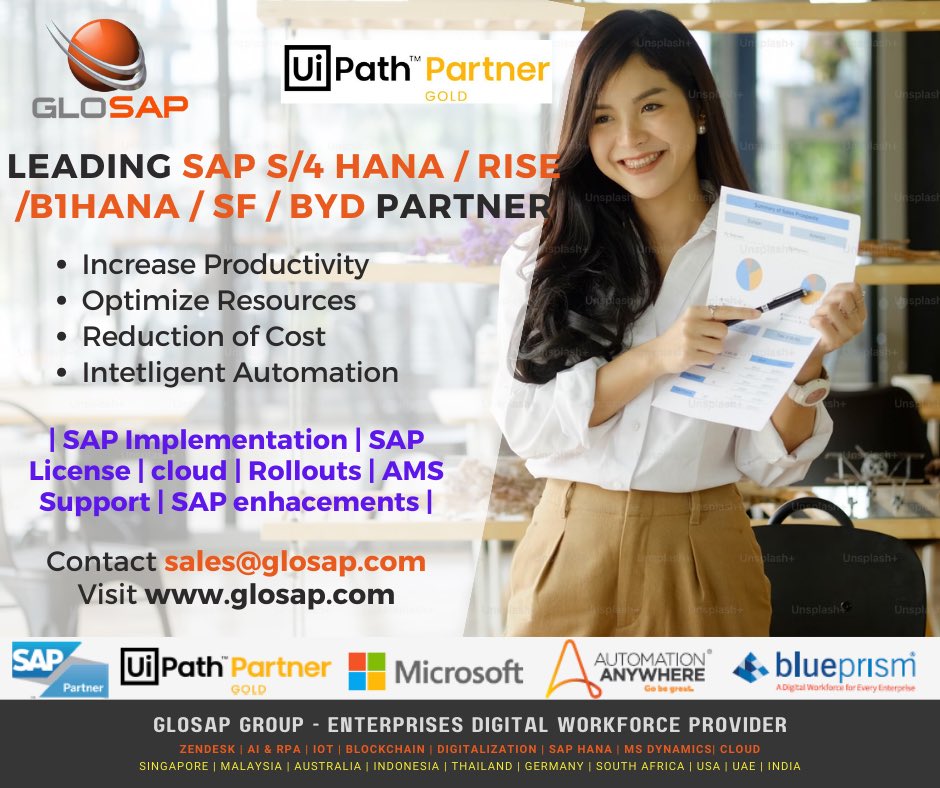 SAP Singapore Reseller and VAR partner for all your SAP products & services (18+ Years of SAP Service excellence) Sales@glosap.com, glosap.com

#SAPHANA #S4HANA #SAPB1 #SAPRISE #SAPCLOUD #RPA #AI #Glosap #SAPPARTNER #SAPVAR #SAPreseller #SAPAMS #UIPATH #XRP #glosap