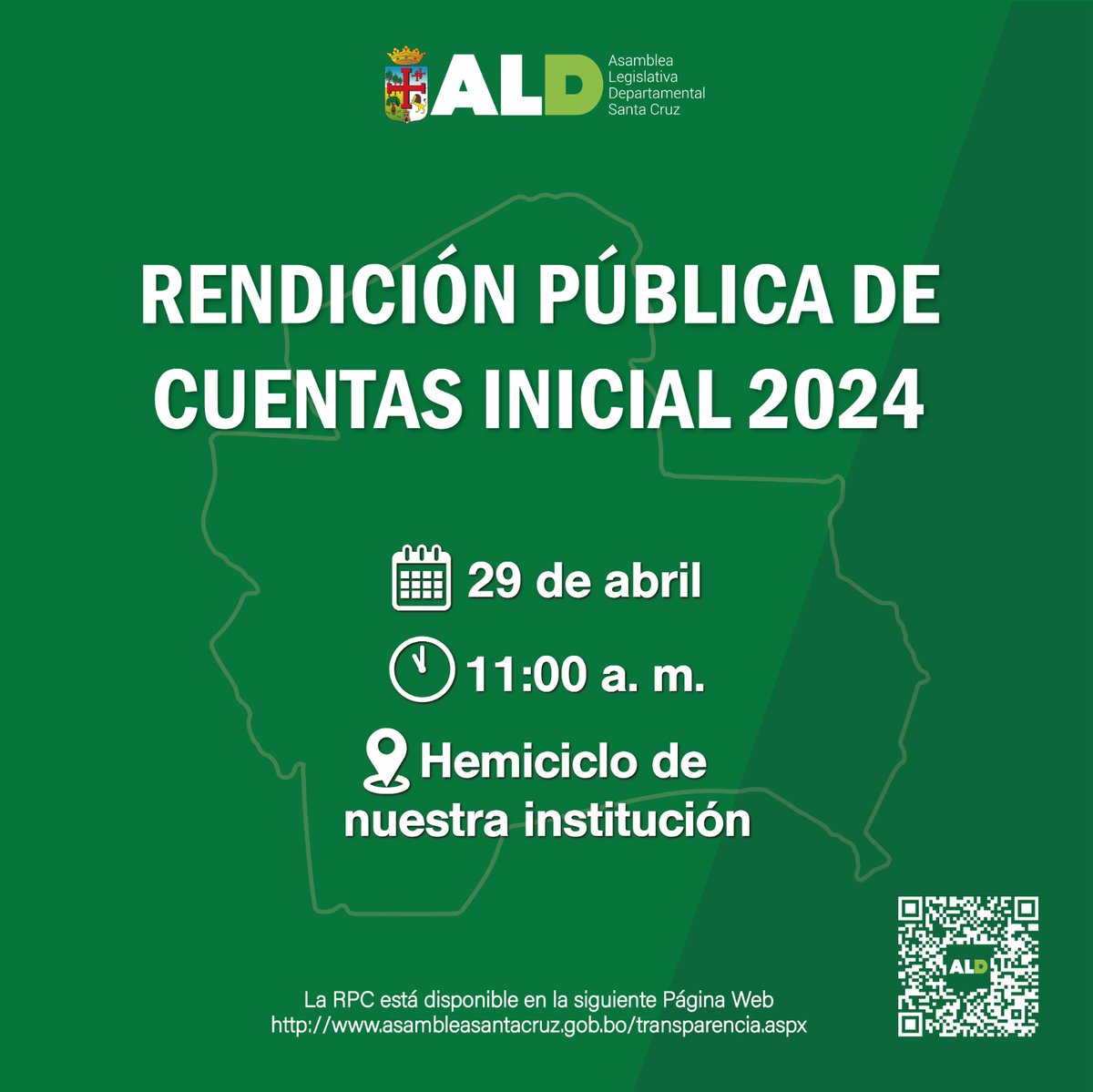 Sé parte de la transparencia de nuestra institución y participá de la presentación del informe de Rendición Pública de Cuentas (RPC) Inicial Gestión 2024 de la  Asamblea Legislativa Departamental de Santa Cruz.