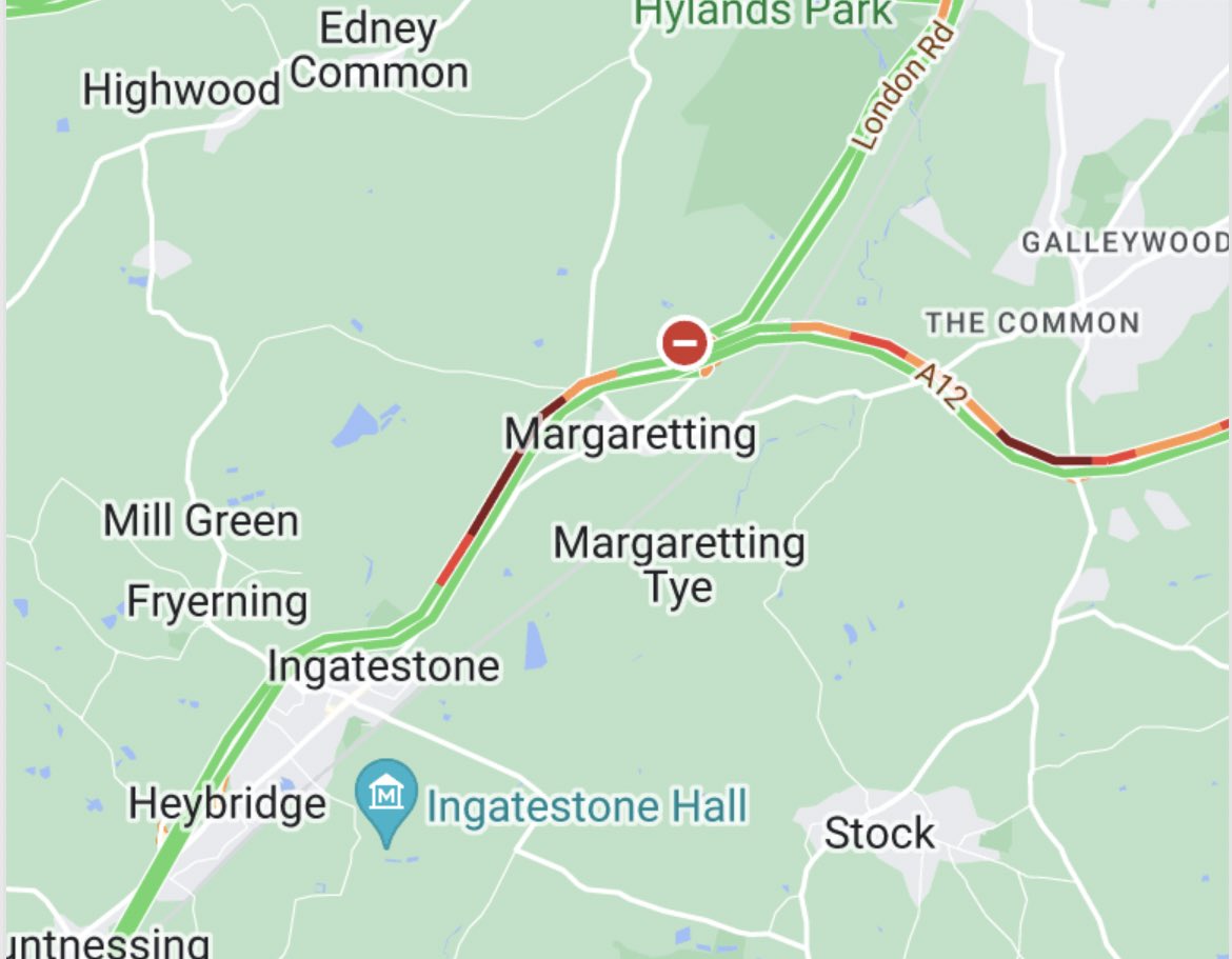 #A12 northbound - queueing traffic between J13 (Ingatestone) and J14 (Margaretting) - in the ROADWORKS area - towards Chelmsford