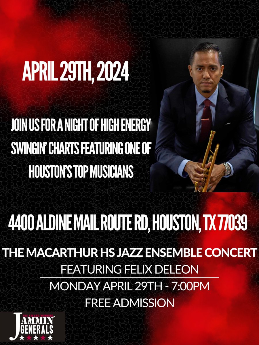 Join us next week at 7 pm in the MacArthur HS auditorium for a free night of high-energy swingin' charts with the MacArthur HS Jazz Ensemble featuring Felix DeLeon, one of Houston's top musicians and Mac Alumni! Don't miss out on this guaranteed night of entertainment. #MyAldine