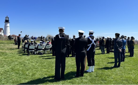 VFW Post 6859 members attended a @USNavy ceremony to commemorate the 49th anniversary of the sinking of the USS Eagle 56 in 1945, honoring the 49 crew members killed and the 13 rescued after the patrol vessel was torpedoed by a German submarine. #VFWSalute pressherald.com/2024/04/23/cer…