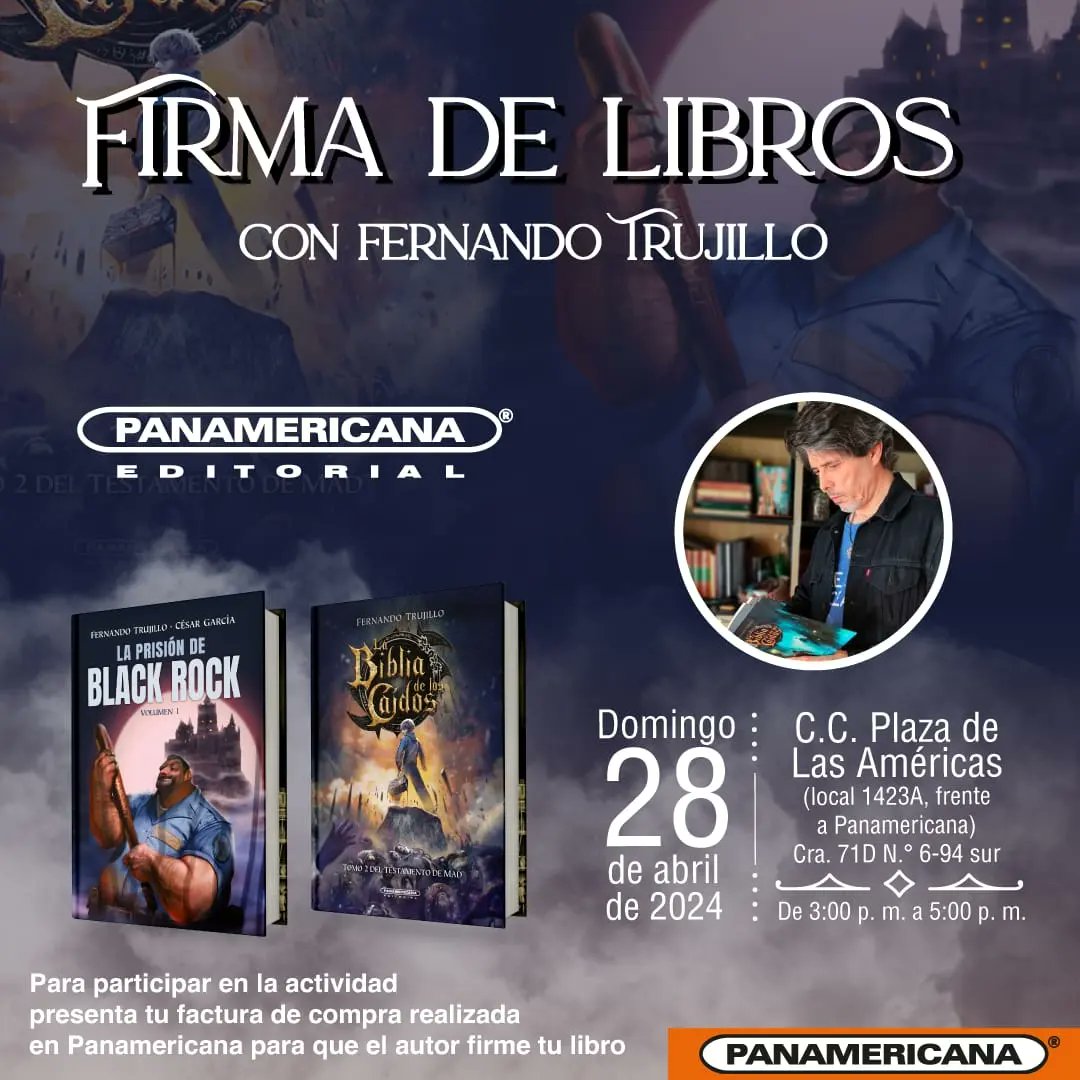 Lectores este año en la #FILBo2024 tenemos 3 #eventos con @F_TrujilloSanz Sus creaciones sobre fantasía urbana se toman estos espacios para compartir junto a ustedes y conocernos 🤓♥️ Nos vemos allí 📍 @FCEColombia @FILBogota @PanamericanaLib . . . #labibliadeloscaidos