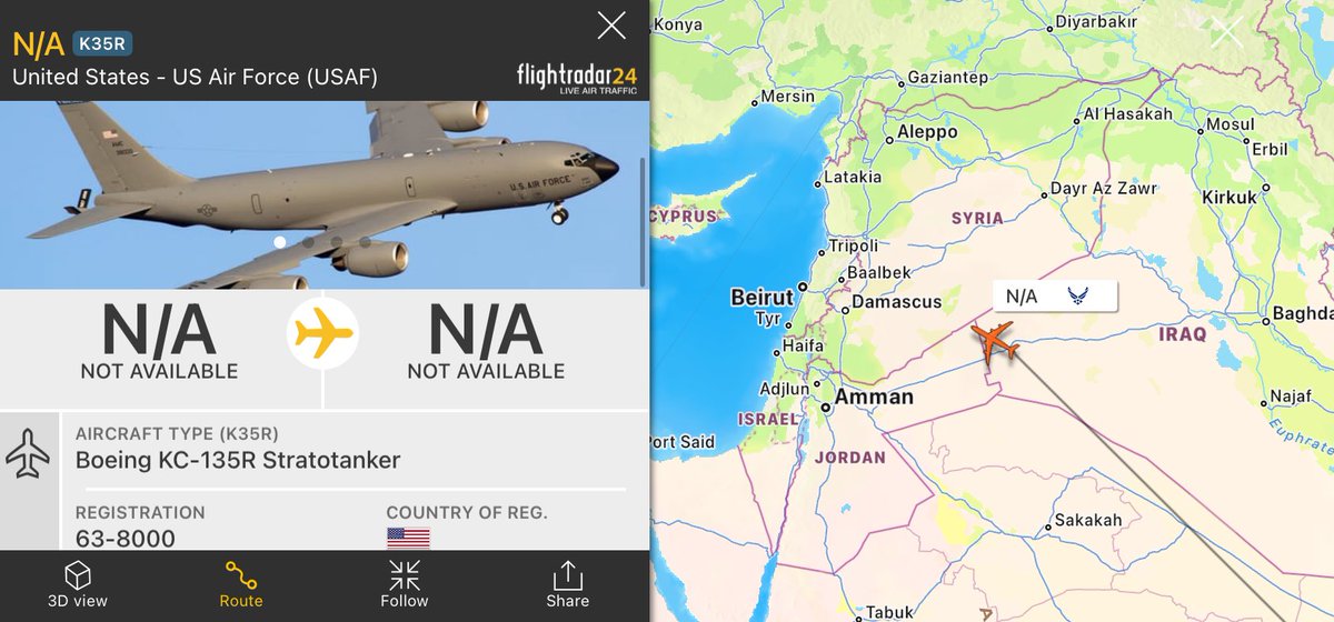 USAF 🇺🇸 KC-135R Refueling Aircraft active near Iraq-Syria-Jordan border.