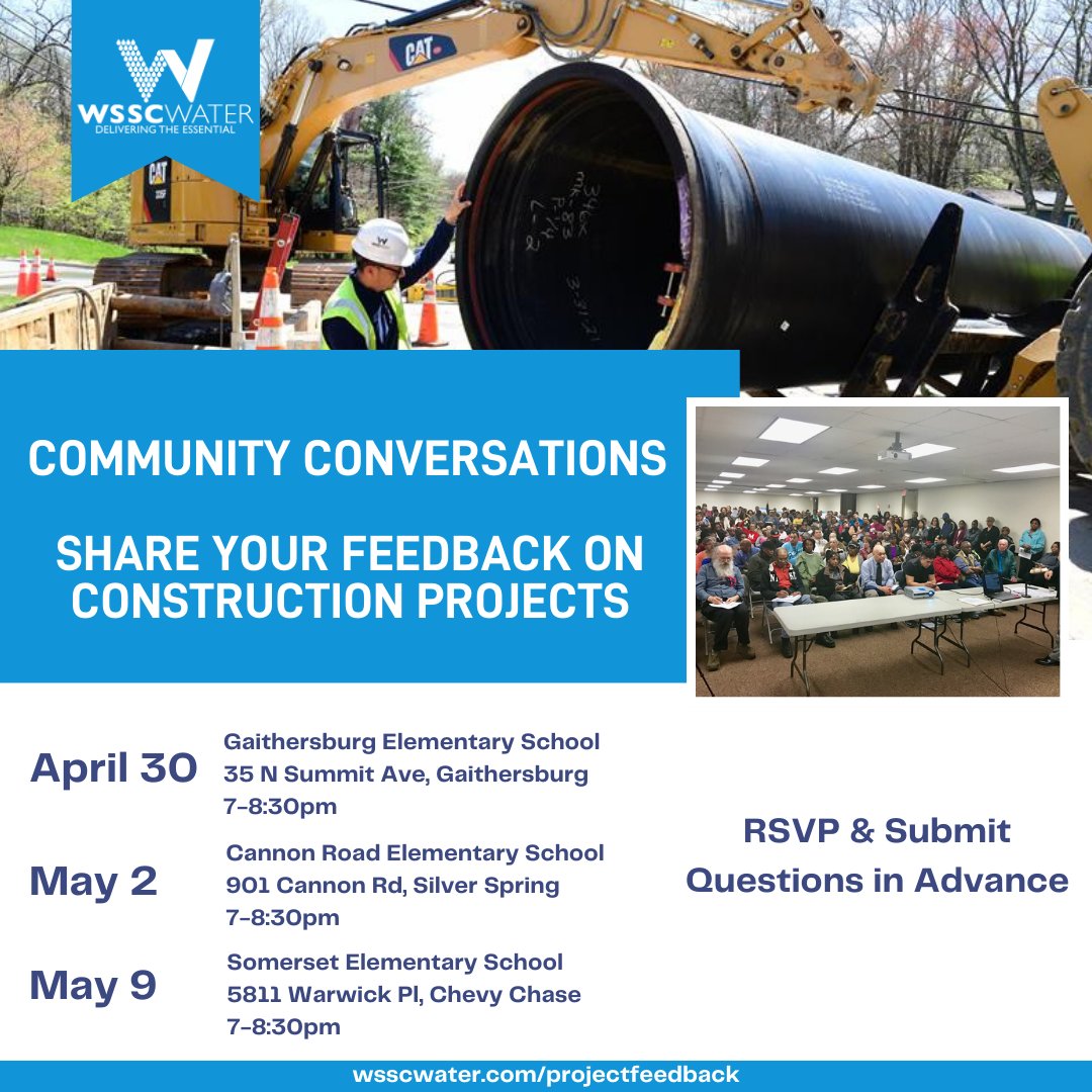 @GburgMD! We’ll be in your neighborhood on Tues April 3O. Join us to learn about water/sewer projects planned for your area & learn more about how projects are planned. Visit wsscwater.com/projectfeedback to sign up! We'll have others in @MontgomeryCoMD the next few weeks too.