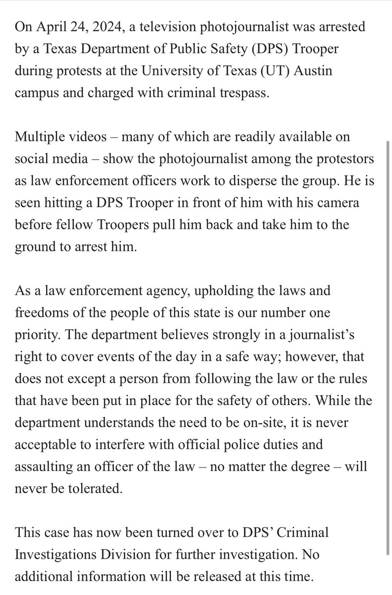 UPDATE: Texas DPS releases a statement in the arrest of an Austin news photographer, saying that they are doing “further investigation” after the case was dismissed.