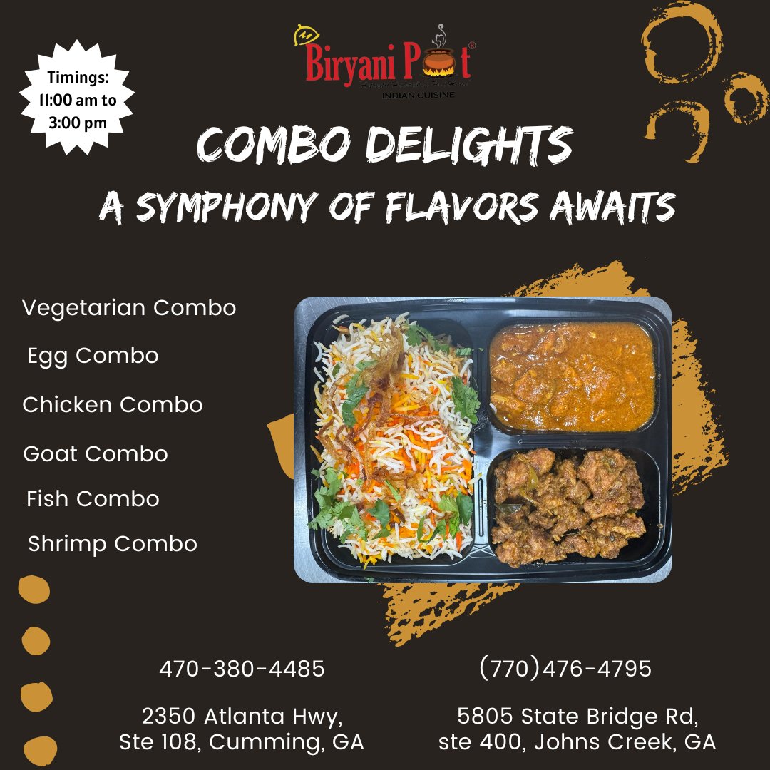 Indulge in our irresistible combo meals featuring a fusion of flavors and culinary delights. Perfect for satisfying your cravings and tantalizing your taste buds! Don't miss out on this mouthwatering experience. #biryanipot #johnscreek #JohnsCreekGA #ComboOffer #FoodieDelight