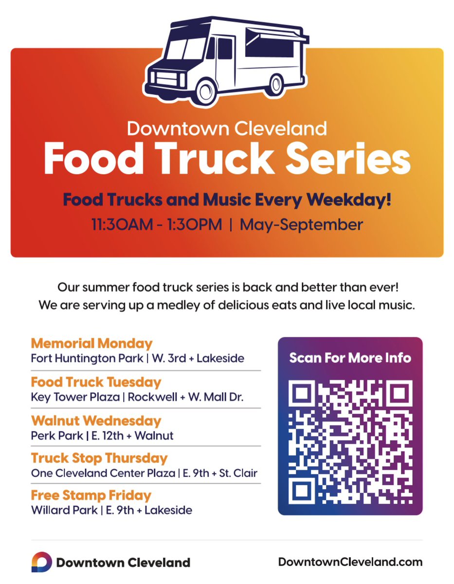 ⚠️ NEXT WEDNESDAY: Food trucks are rolling back into Downtown Cleveland every weekday, May through September!🥳 From 11:30am-1:30pm Monday-Friday starting Wednesday, May 1st, dig into delicious food trucks and live local music at various parks and plazas! downtowncleveland.com/food-trucks