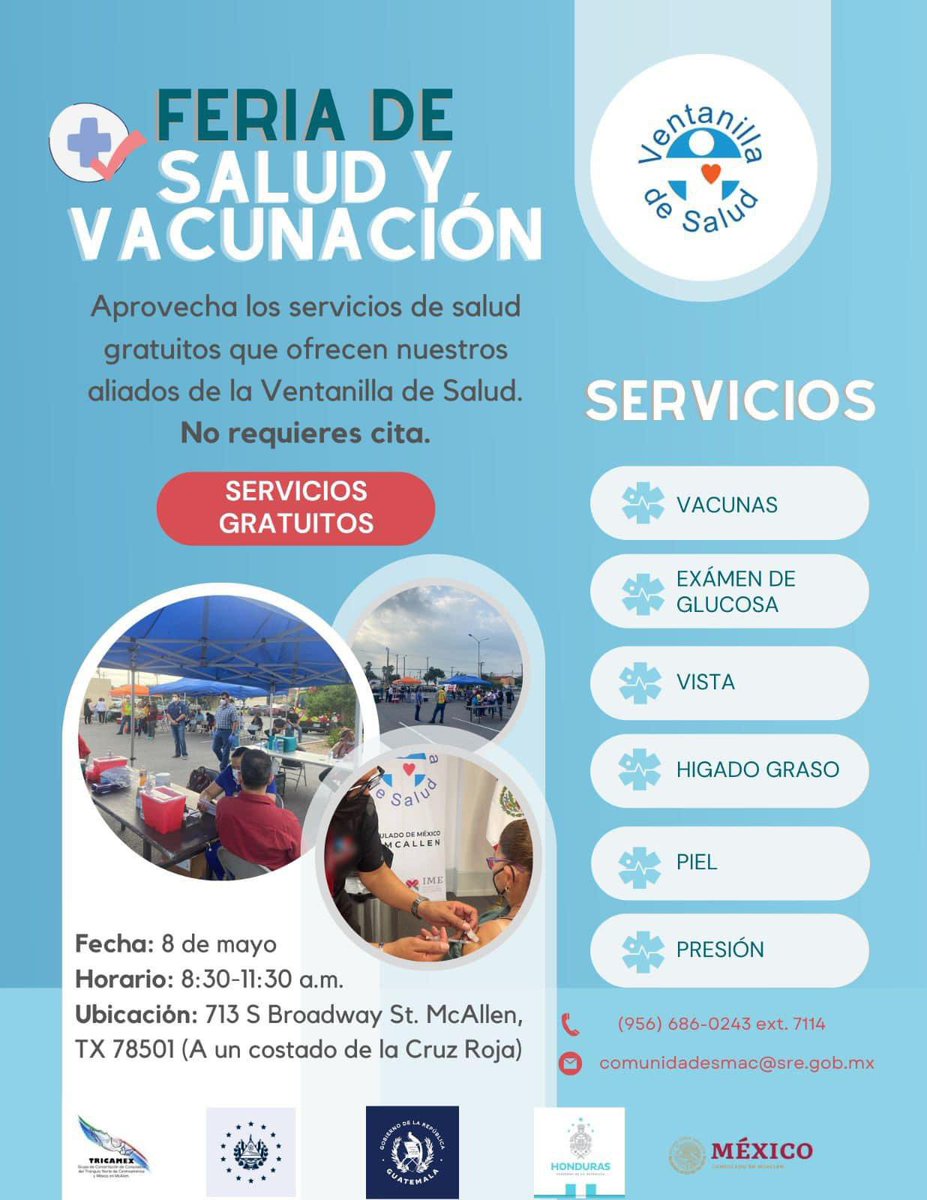 💉🩺🫀Aprovecha los servicios de salud gratuitos que ofrecen nuestros aliados de la #VDS en nuestra próxima FERIA DE SALUD Y VACUNACIÓN junto a @ConsulMcAllenSV , @ConsGuaMcAllen y @CHONDURASMAC . 

#SaludYBienestar #saludpreventiva #TRICAMEX 
@SRE_mx @IME_SRE