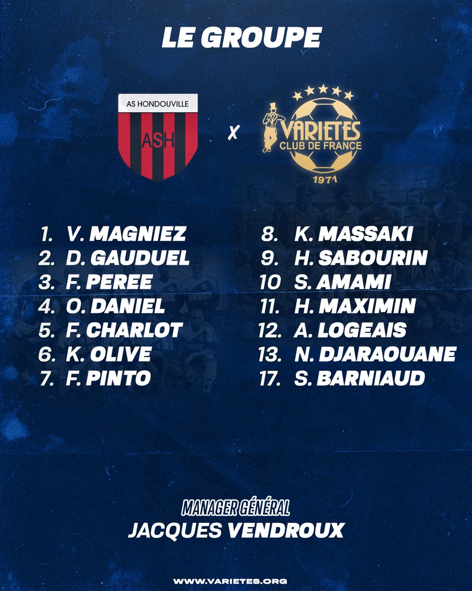 Ce samedi, le Variétés Club de France se rend à Hondouville. 🔥 Voici notre groupe pour le match 🆚 AS Hondouville 🏟️ Stade municipal Fernand Wuhrlin ⌚️ 14h 💸 Au profit de l'école de foot