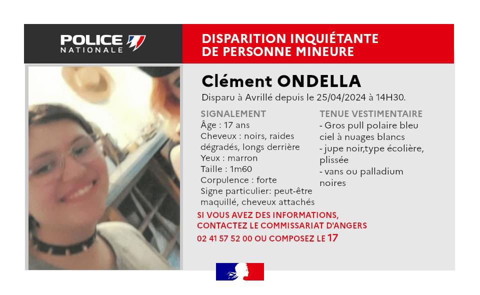 🔴 #URGENT - #Disparition inquiétante de Clément ONDELLA, 17 ans, disparu de son domicile à #Avrillé le 25 avril 2024. #Angers
