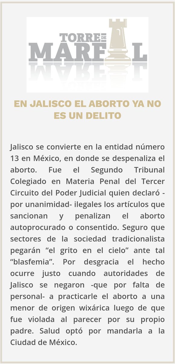 #Opinión | En #Jalisco ya se debe permitir el aborto, lo manda la @SCJN. ¿Cuántos grupos conservadores pondrán el grito en el cielo? #TorredeMarfil para #CuartodeGuerra. 👇🏻

cuartoguerra.com/en-jalisco-el-…