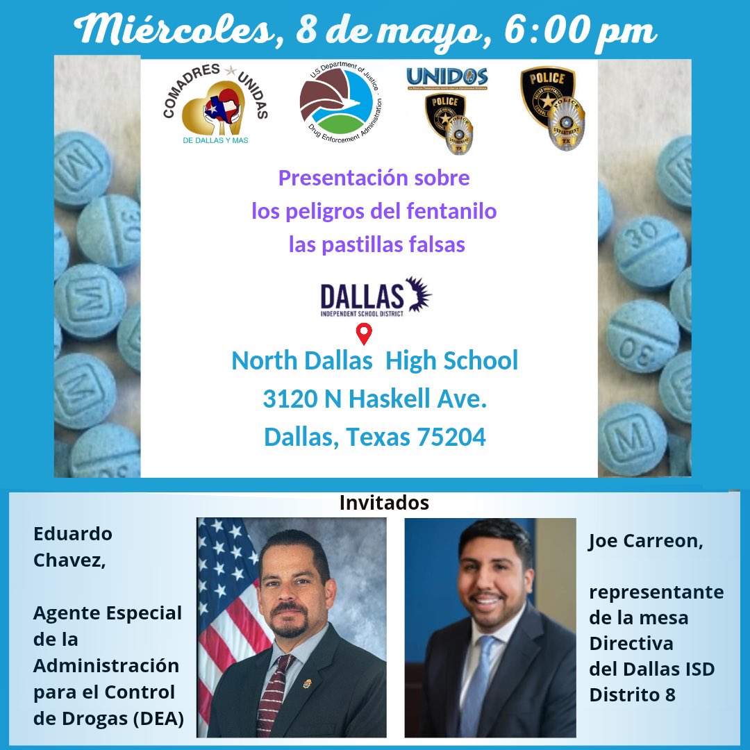 You are invited to attend a presentation about the hazards of fentanyl and fake pills. On Wednesday, May 8, 2024, at 6:00p.m.