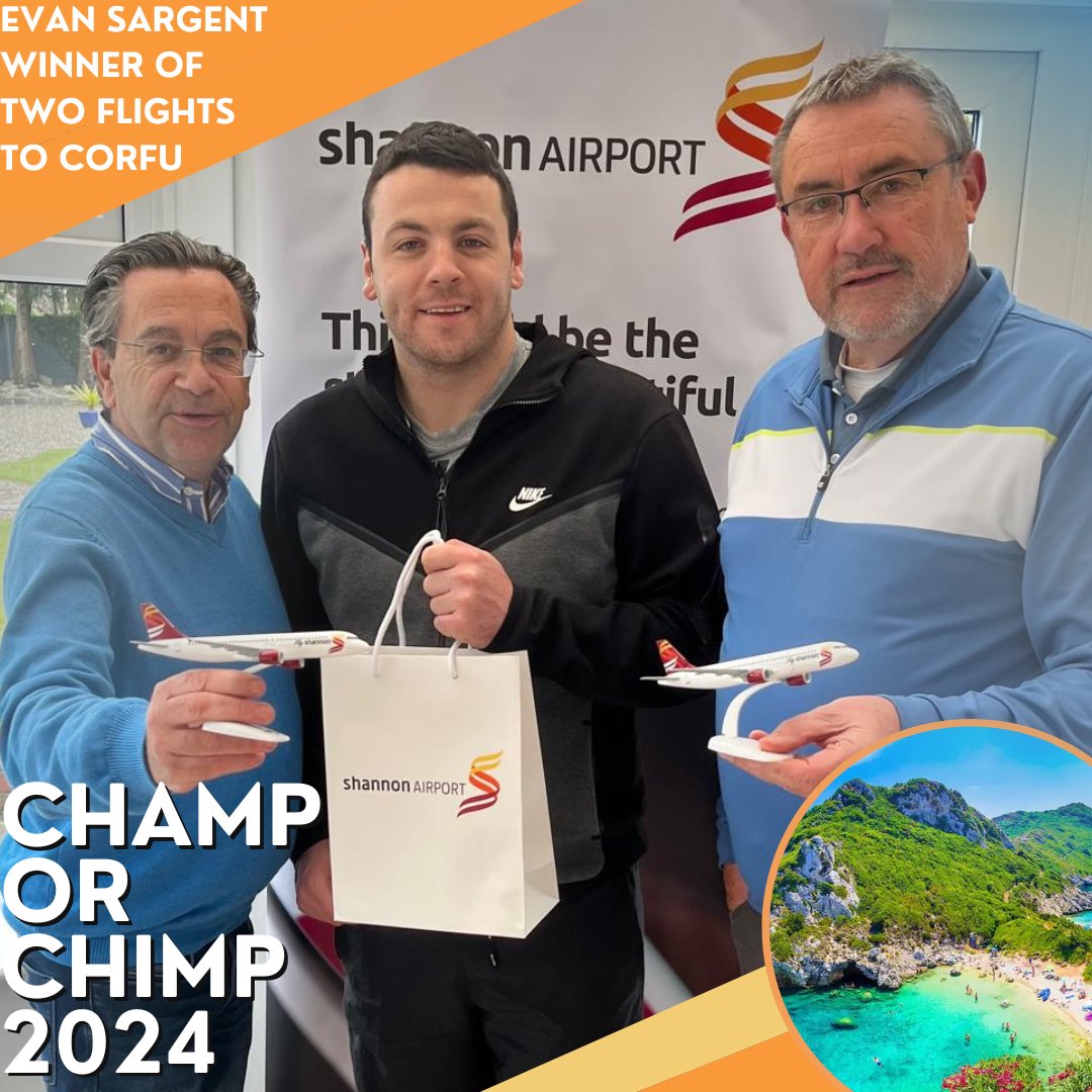 Congratulations to @EvanSargent10 who won two tickets to Corfu in our first Champ or Chimp competition of the campaign! Evan is pictured with Declan Power - head of Aviation Development in Shannon Airport & Pat Downey Champ or Chimp Committee member. @ShannonAirport @GolfShannon