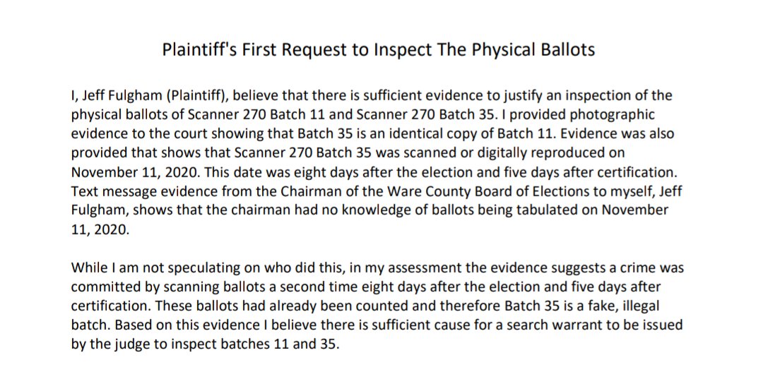 New: Fulgham v. Ware County Board of Elections concerning flipped votes and fake duplicate ballots from GA 2020 Yesterday, April 25, 2024 I filed a request with Superior Court to allow us to inspect the physical ballots. We've already submitted image evidence showing 100…
