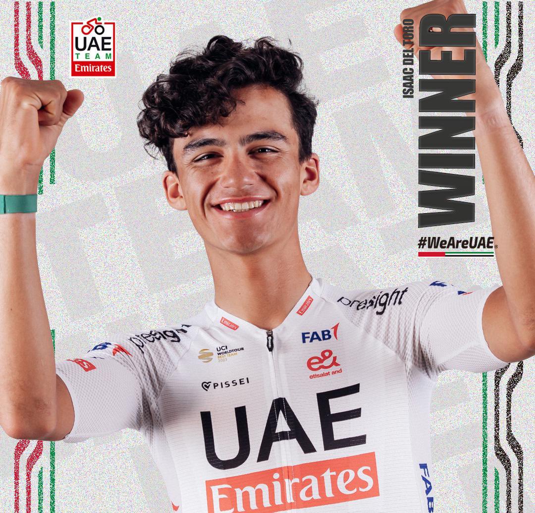 V A M O S! Isaac Del Toro takes the win and leaders jersey on stage 1 at @vueltasturias 🇪🇸👏🏼🙌🏼🏆 #WeAreUAE