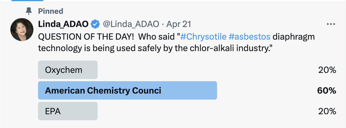 Yep -- The American Chemistry Council's Chlorine Panel said, '#Chrysotile #asbestos diaphragm technology is being used safely by the chlor-alkali industry.' Asbestos Kills -- there is no safe use. #IWMD Unions, OSH & public health orgs. make workers safer. Thank you…