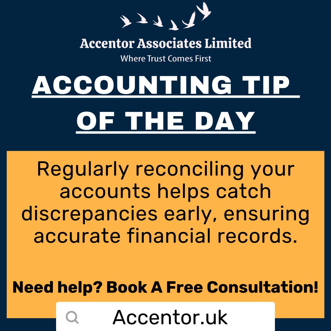 #AccountingTip

Need help? Book A Free 30-Minute Consultation!
accentor.uk/book-a-free-co…

#AccountReconciliation #FinancialAccuracy #BookkeepingTips #AccountingBestPractices #FinancialManagement #BalanceSheet #AuditPrevention #MoneyManagement #FinancialIntegrity #RecordKeeping