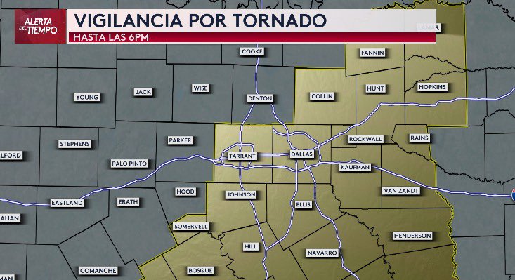 Vigilancia por Tornado hasta las 6pm para varios condados del norte de Texas, incluyendo Dallas-Fort Worth. Esto significa que tenemos condiciones favorables para la formación de tornados.