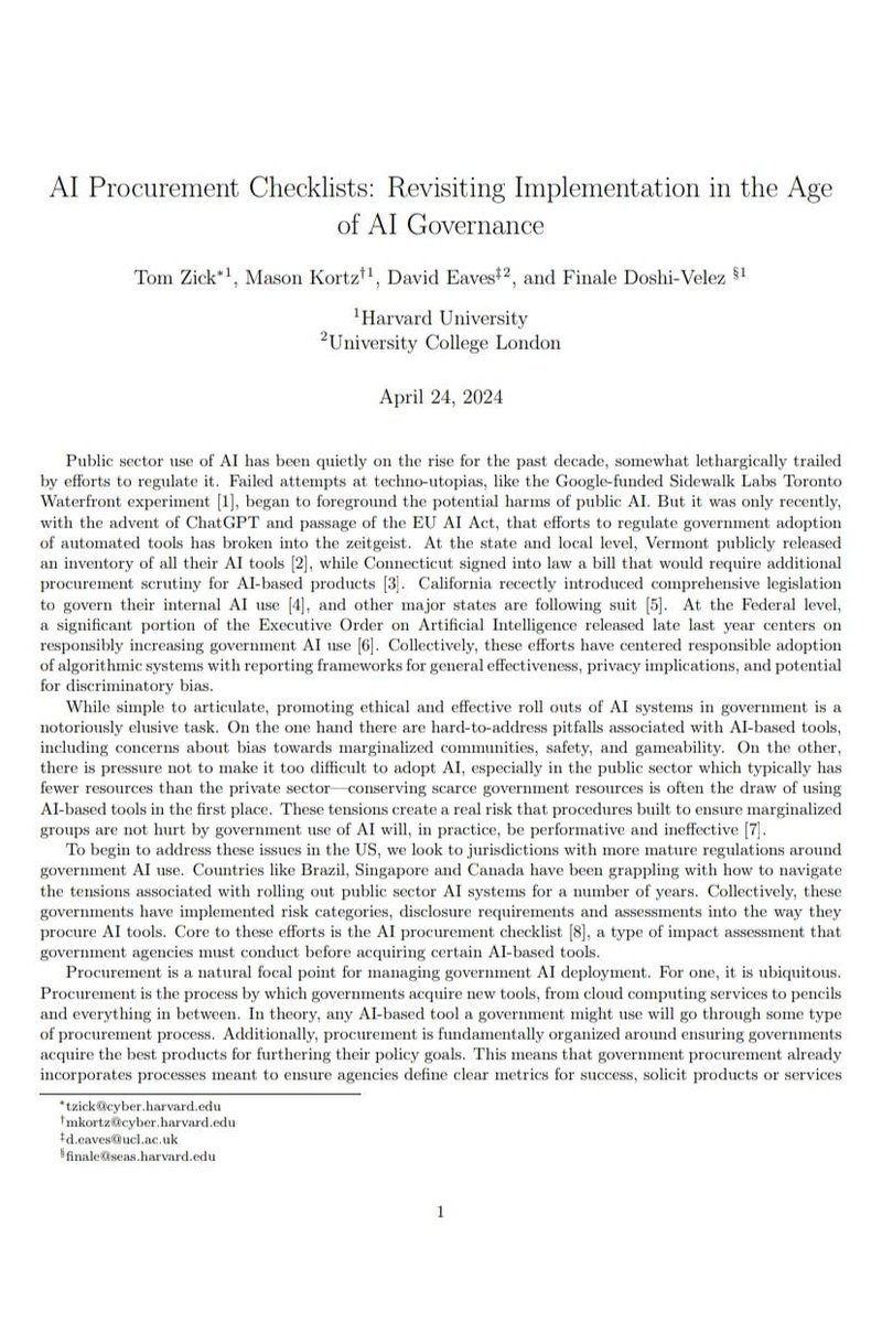 New Publication! 📝 IIPP Deputy Director @daeaves has co-authored a new paper to guide AI procurement and use in government by drawing on lessons learned in Brazil, Singapore and Canada which have more mature regulations on the subject. Read it here ➡️ arxiv.org/abs/2404.14660