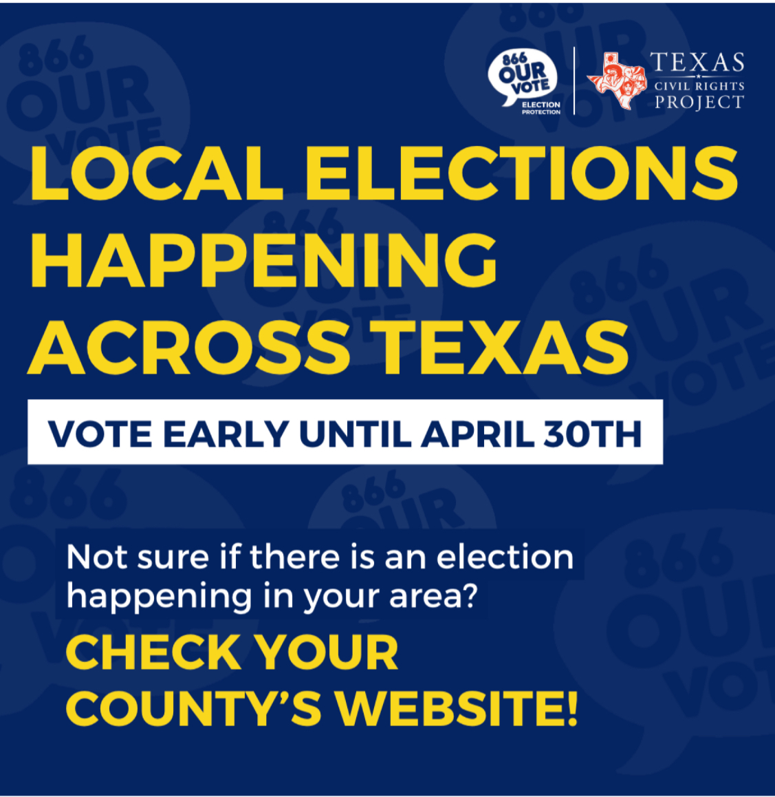 Early voting is happening across Texas for the May 4th Local Elections! Haven’t made your plan? Find your closest polling location now! Remember: This weekend will be your only opportunity to vote outside of weekdays! 866ourvote.org/state/texas/
