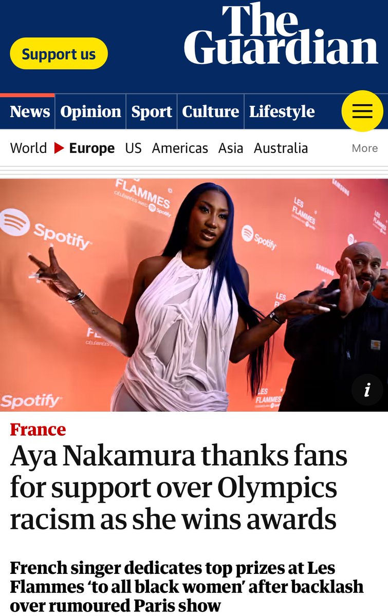 🇬🇧📰 | Après avoir publié un article sur le racisme dont Aya Nakamura est victime en France, Le journal britannique ‘The Guardian’ couvre la prise de parole de l’artiste hier aux Flammes