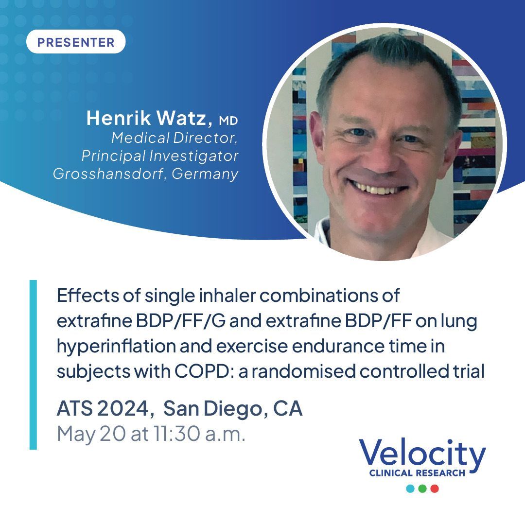 Henrik Watz, MD; Anne-Marie Kirsten, MD, Principal Investigators at Velocity Grosshansdorf; and Andrea Ludwig-Sengpiel, PI at Velocity Luebeck, co-authored the manuscript of results for a COPD inhaler combination clinical trial. Dr. Watz will present their findings at #ATS2024.