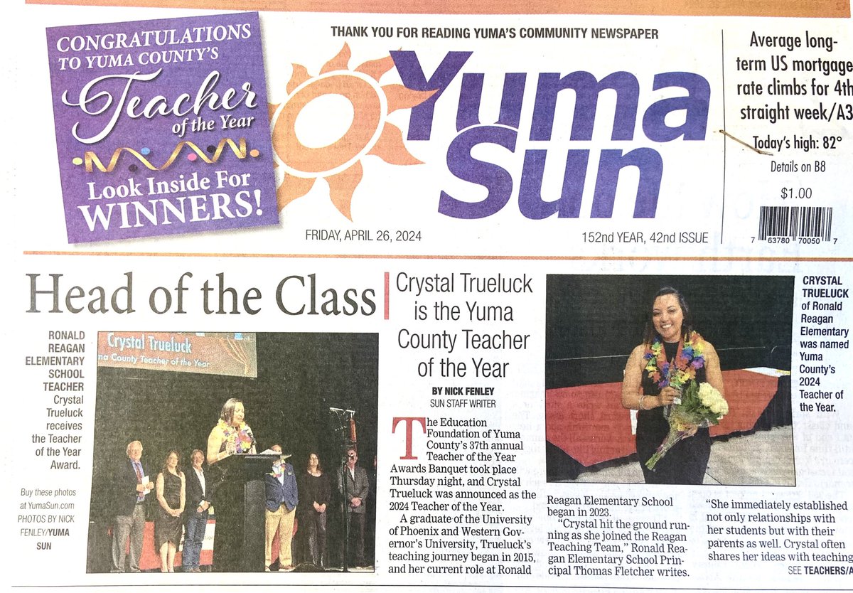 🗞️Check out today’s issue of @yumasun. Crystal Trueluck, a Crane District educator, is on the cover as the winner of the 🍎Yuma County Teacher of the Year! #RonaldReaganElementary #WeAreCrane #LeadersInLearning