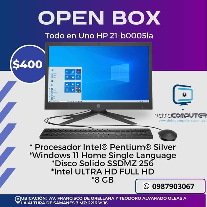 🥳🤗 OPEN BOX HP 21 -  b0005la 🥳💯
✅ Procesador Intel Pentiun Silver.
✅ Windows 11 Home Single Language.
✅ Disco Solido SSDMZ 256.
✅ Intel ULTRA HD FULL HD.
✅ 8 Gb.

Contáctanos al 0987903067📲📲