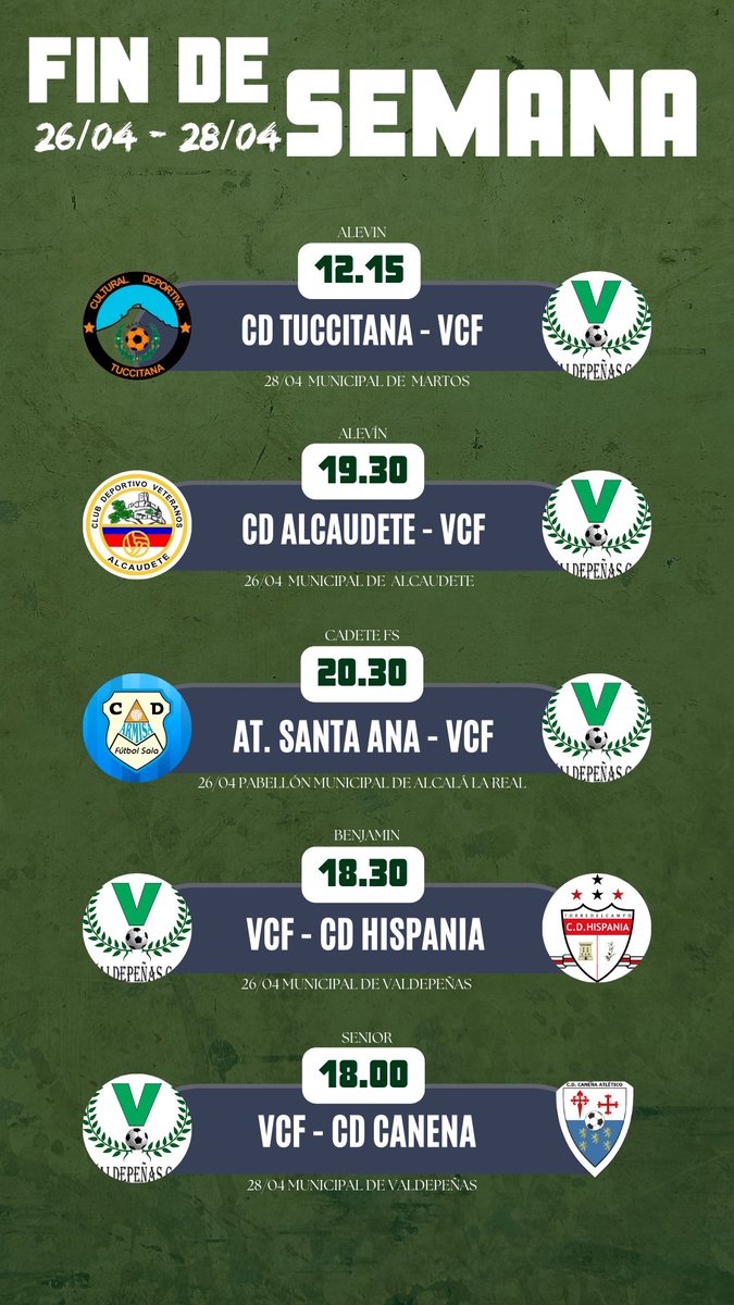 Estos son los horarios de las categorías inferiores este fin de semana.

* Además el benjamín jugará hoy a las 18:30 contra el CD Hispania en el Municipal de Valdepeñas.
