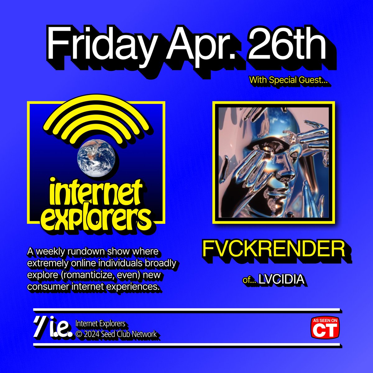 Join us on Internet Explorers today @ 1pm et with special guest @fvckrender, who will be collaborating with sc07 team @lisafound_ on an exciting new drop on May 2nd at Frieze NY
