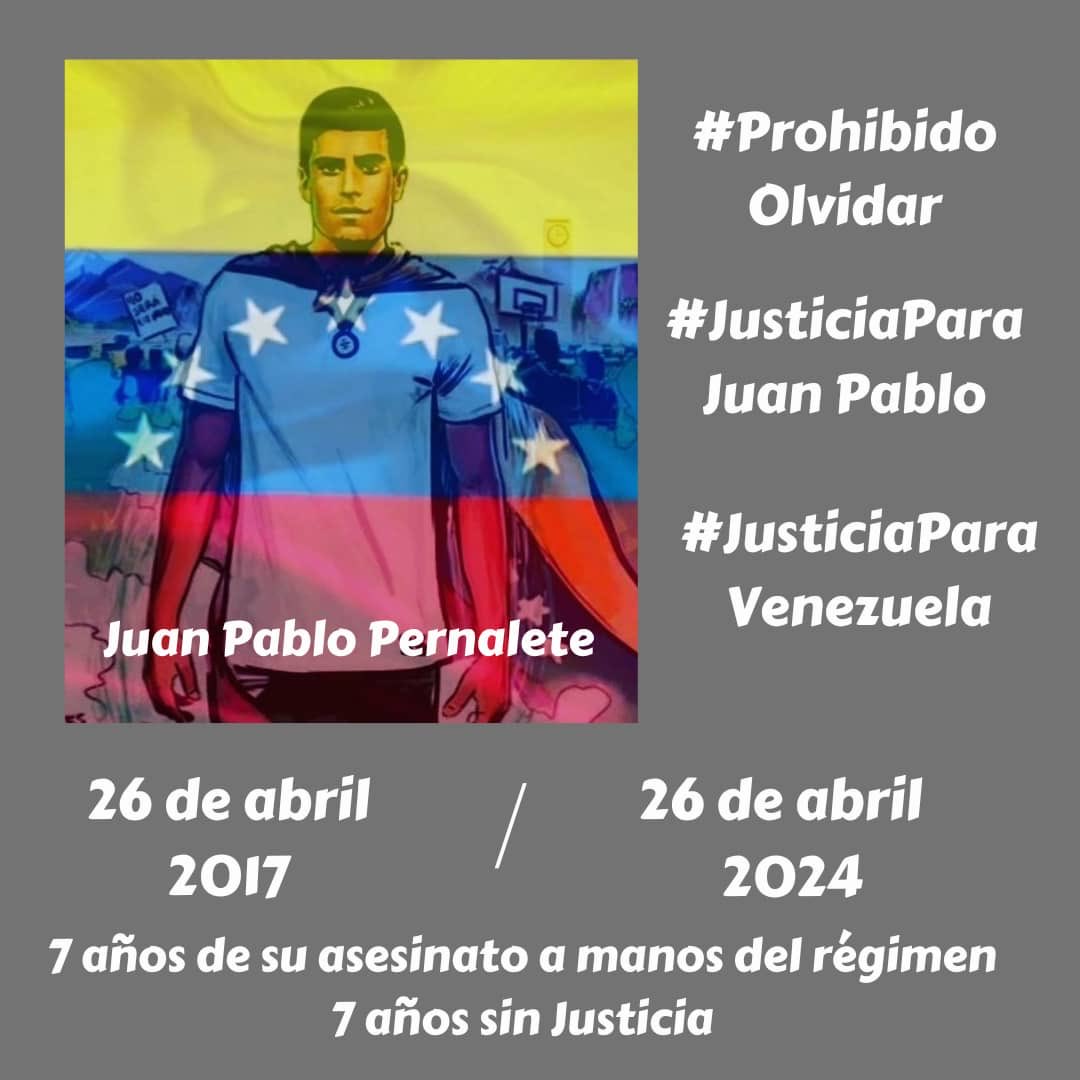 Han transcurrido 7 años del cruel asesinato del jóven Juan Pablo Pernalete. Nuestras palabras solidarias se seguirán haciendo escuchar y sentir este y todos los días a sus padres, hasta lograr justicia. Prohibido olvidar. @ONU_derechos @OEA_oficial