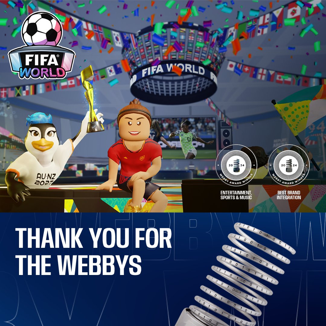 FIFAe have won not one, but TWO Webby Awards for the FIFA World experience in Roblox! 🎮✨ 🥇 Category winner of 'Entertainment, Sports & Music, AI, Metaverse & Virtual,' recognizing the innovation and impact of FIFA World within the digital realm. 🥇 'Best Brand Integration…