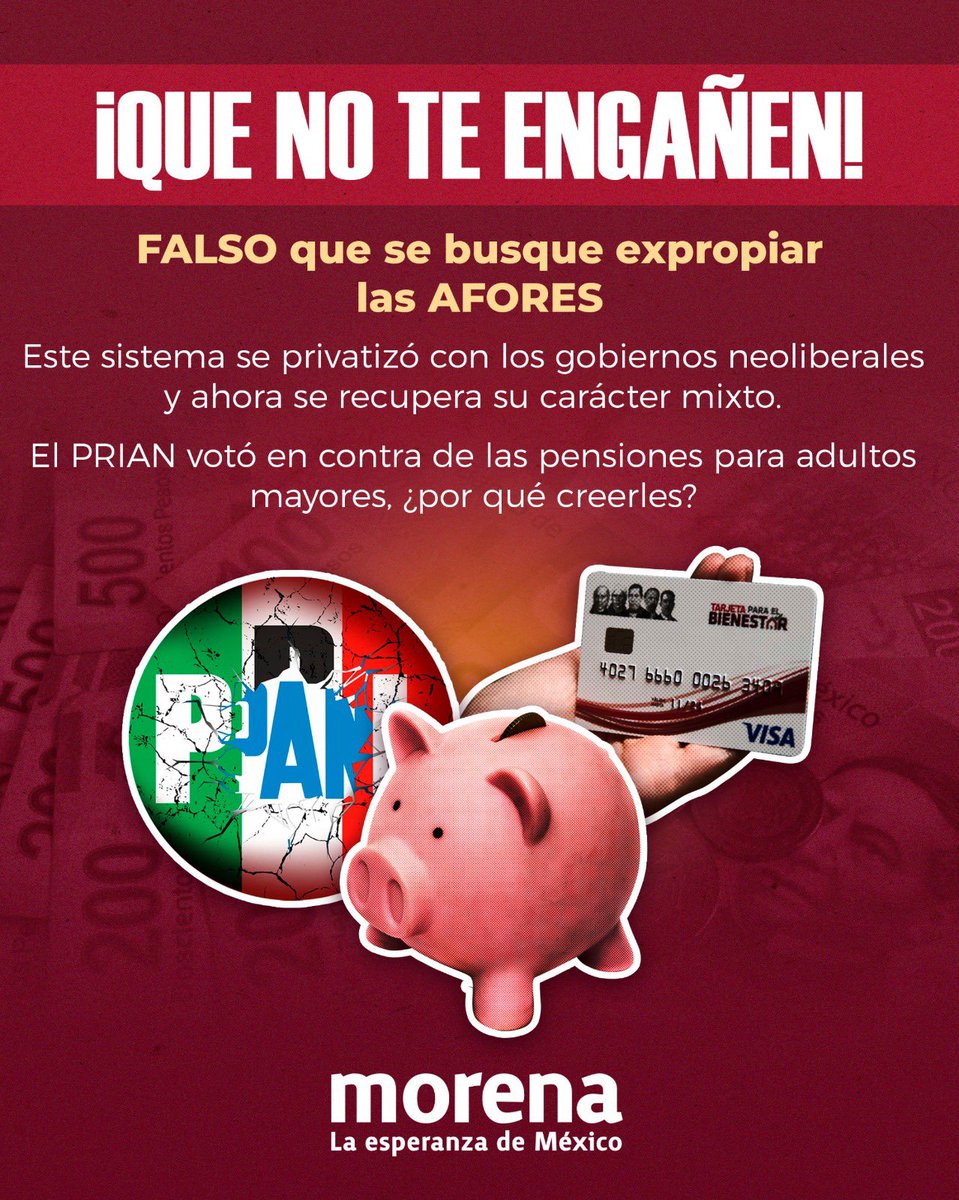 RocioAbreuA's tweet image. Esta es la información REAL sobre la reforma para pensiones, es FALSO que se busque expropiar las #AFORES. 🇲🇽

Les invito a informarse, para que los de #PRIAN, no los engañen. 😉🤝