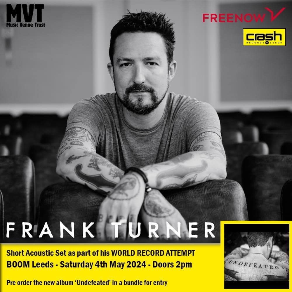 Frank Turner is heading out on a World record attempt for the most gigs played in 24 hours! Part of this he will stop in Leeds for a very intimate (& short set) at @boomleedsvenue 4th May! Bundles onsale NOW from @Crash_Records only 👉 crashrecords.co.uk/products/frank…