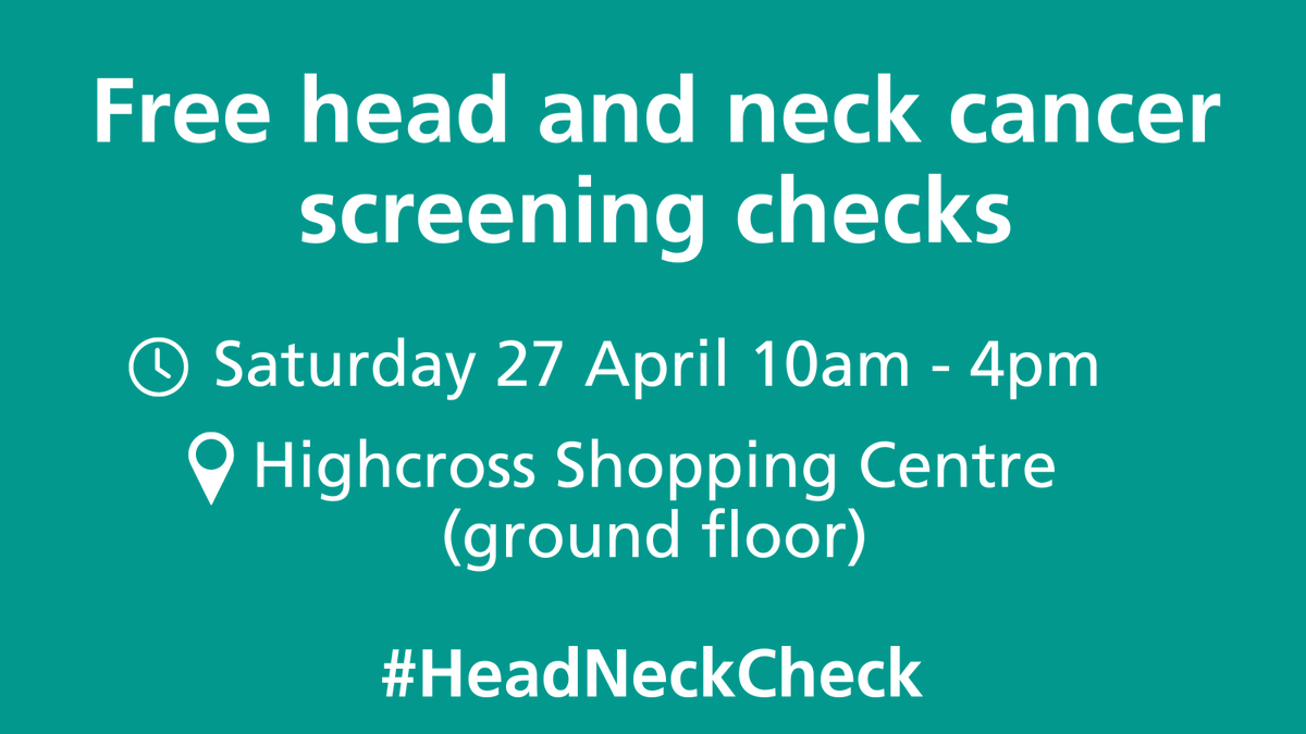 Every day 34 people are diagnosed with head and neck cancers in the UK. Get a free head and neck cancer screening check in Leicester tomorrow: 📍Highcross Shopping Centre (ground floor) 🕓10am-4pm 📅Saturday 27 April #HeadNeckCheck