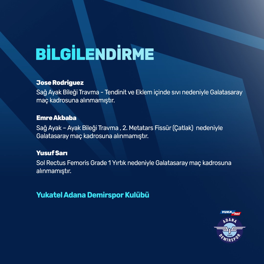 Adana Demirspor'dan sakatlığı olan isimler hakkında açıklama. 🚑 Jose Rodriguez 🚑 Emre Akbaba 🚑 Yusuf Sarı