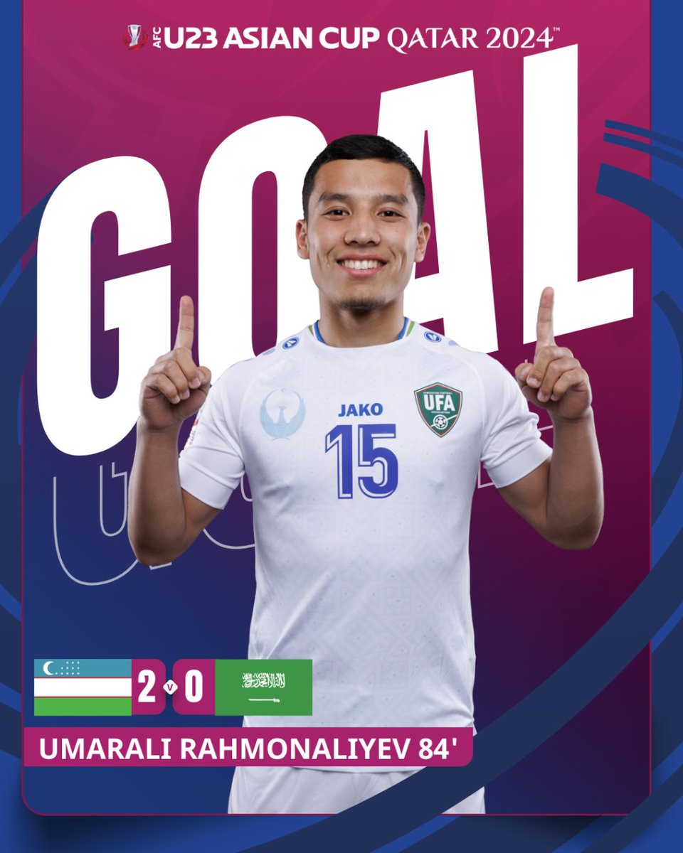 GOAL | 🇺🇿 Uzbekistan 2️⃣-0️⃣ Saudi Arabia 🇸🇦 Uzbekistan capitalise on the advantage of having an extra player by extending the gap through Umarali Rahmonaliyev! 📺 Watch Live gtly.to/zzhR_62Mr #AFCU23 | #UZBvKSA