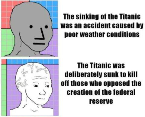 What sank the Titanic...

Poor weather conditions and an iceberg?

or

It was deliberately sunk by the bankers?