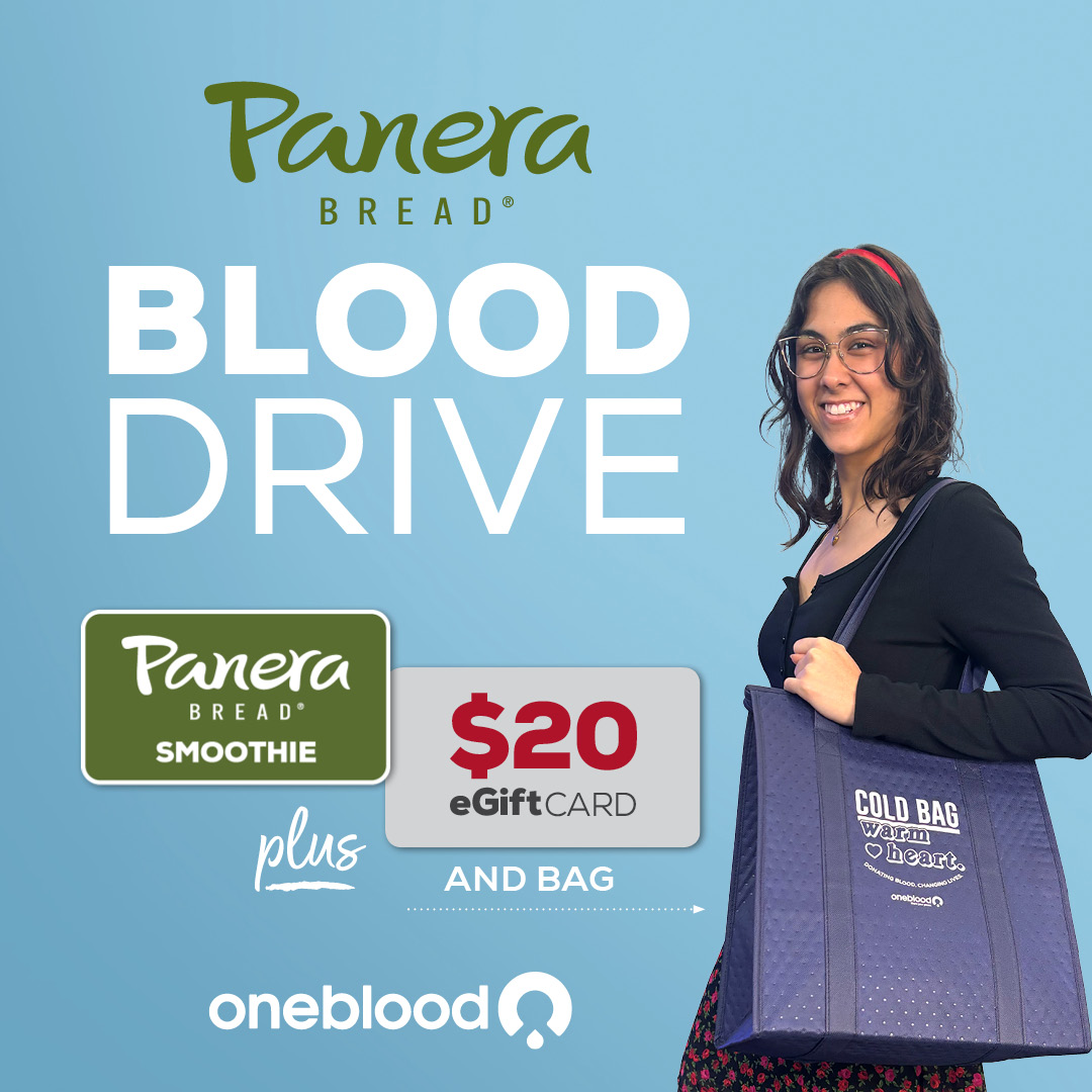 [𝗔𝗽𝗿𝗶𝗹 𝟮𝟳-𝟮𝟴] The Big Red Bus is stopping by select @panerabread locations! Hop on to get a 🥤 𝗙𝗿𝗲𝗲 𝗣𝗮𝗻𝗲𝗿𝗮 𝗕𝗿𝗲𝗮𝗱 𝗦𝗺𝗼𝗼𝘁𝗵𝗶𝗲, 💳 $20 eGift Card, and ❄️👜 OneBlood Insulated Tote Bag. Find a blood drive near you: givelife.io/0tuo