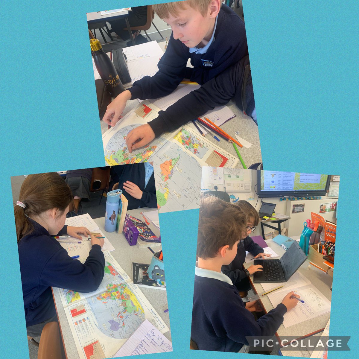 Dosbarth Mrs James investigating food miles and comparing FairTrade food prices in their topic maths lesson today 🌍