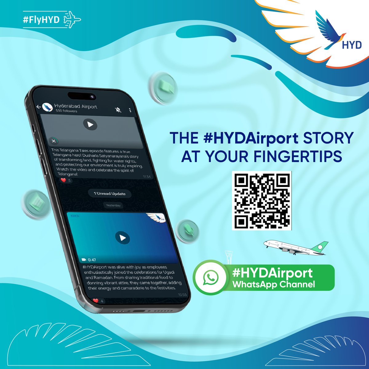 The #HYDAirport story at your fingertips! Join the official WhatsApp channel to know the what's what of #HYDAirport! #FlyHYD #ExperienceEpicEveryday #Updates #StayInformed @HiHyderabad @HyderabadTrails @Hyderabad1st @AAI_Official @MoCA_GoI @JM_Scindia @TelanganaCMO @ACIAPACMID