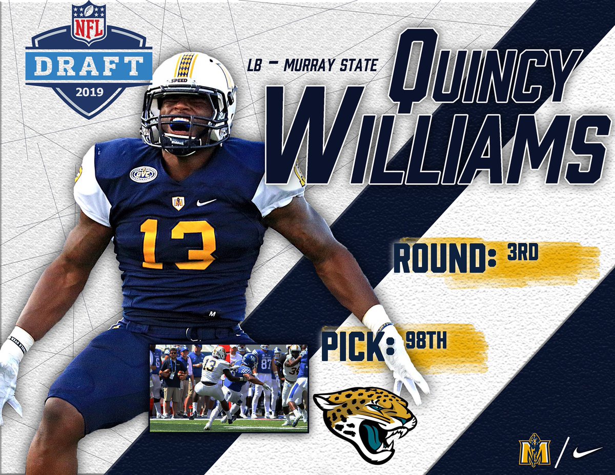 Excited for guys achieving life-long dreams! Former Murray State Great @quincywilliams_ Drafted in the 2019 NFL Draft 3rd Round 98th Pick Currently active with the @nyjets #GoRacers #FindAWay