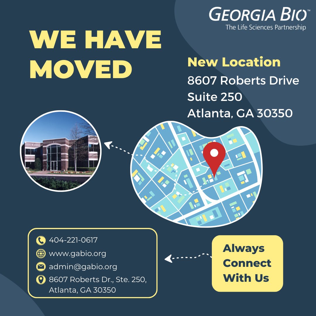 Georgia Bio has a New Home! Please update your records with our new mailing/billing address. 8607 Roberts Drive, Suite 250, Atlanta, GA 30350. Thank you to our newest Champion Sponsor, Ipsum Diagnostics, for making this possible. More to come. #newaddress #officemove