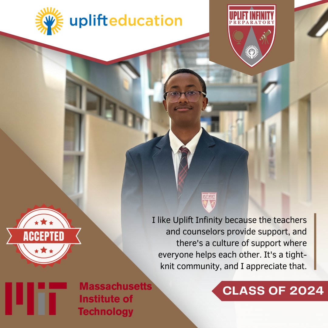 🌟 Bemnet Asefa, an Uplift Infinity senior, has earned a spot at MIT! 🎓 His journey from a childhood dream inspired by Iron Man to MIT acceptance is a testament to the unwavering support of Uplift Infinity & RTCC. Let's celebrate Bemnet's incredible accomplishment! 🎉 #MITBound