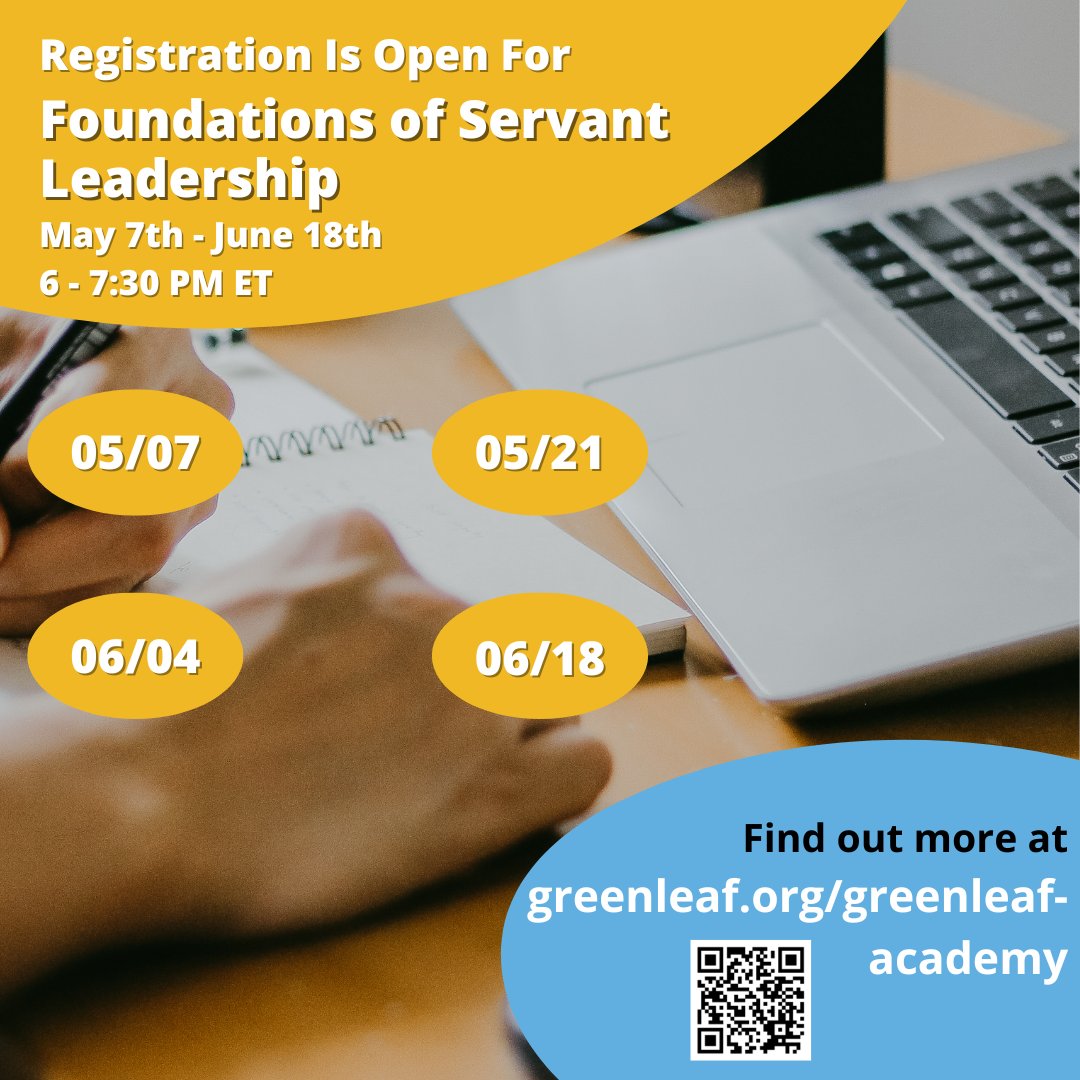 Join us in May for our Foundations of Servant Leadership course! This virtual course examines the significance of servant leadership and teaches you how to apply these principles to your everyday life. 
More information or to register: bit.ly/3UmgrsK #ServantLeader